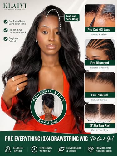 KLAIYI 16 Inch 13x4 Lace Front Wigs with Side Bangs Human Hair Loose Body Wave Glueless Pre-Styled