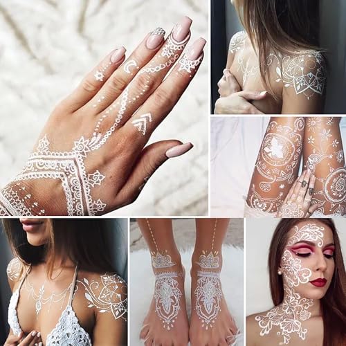6 Sheets Henna Tattoos Temporary Stickers Flower Lace Lotus Pattern Waterproof Women Body Party Masquerade Halloween DIY Face Arms Legs Art Decoration (White)