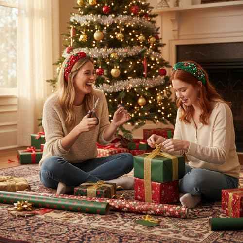 2Pcs Christmas Headbands for Women - Red Green Pearl Rhinestone Crystal Jeweled Christmas Headband - Womens Headbands Fashion Elegant Wide Top Knot for Women Holiday Clothes Accessories(Red Green)