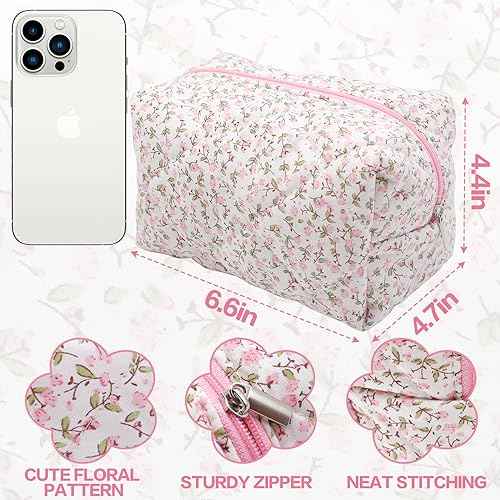 Cotton Quilted Makeup Bag, Cute Pouch Toiletry Bag Cosmetic Bag Quilted Floral Organizer Bag Travel Coquette Aesthetic Portable Storage Zipper Purse for Women (Pink)