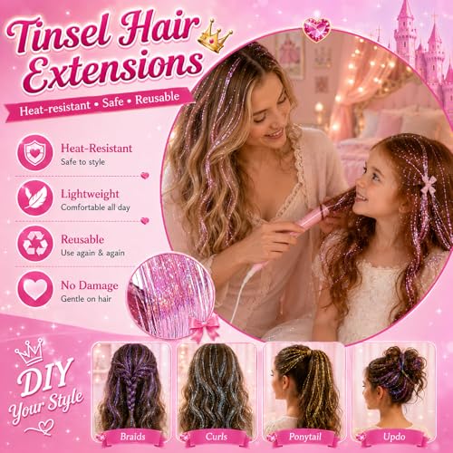Pink Hair Tinsel Kit - Glitter Hair Extensions for Girls & Women - Includes Tools & Micro Rings