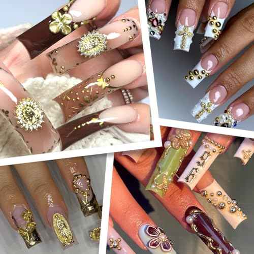 3D Cross Nail Charms,Gold Flat Back Nail Pearls Beads for Crafting,Cute Nail Charms Y2k Rhinestones Jewelry for Nail Art Flower Virgin Mary Religious Charms Gems Bulk Nail Chains (Gold)