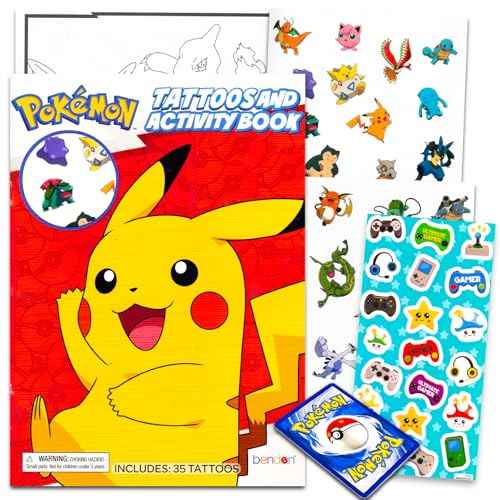 Pokemon Temporary Tattoos Party Pack - Bundle with 35 Pokemon Tattoos and Pokemon Coloring Book Plus Pokemon Cards | Pokemon Party Supplies