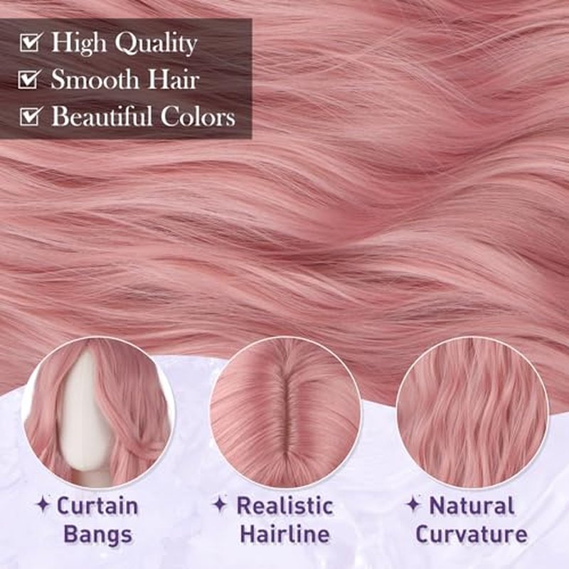 Haloo 26-Inch Pink Wavy Wig with Curtain Bangs for Women