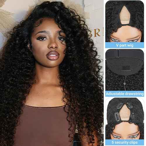Deep Wave V Part Wig Human Hair Upgrade Glueless Wigs 100% Real Human Hair U part Half Wigs With Clip in V Part Wig Glueless With Elastic Drawstring Deep Curly Human Hair Beginner Friendly 22 Inch
