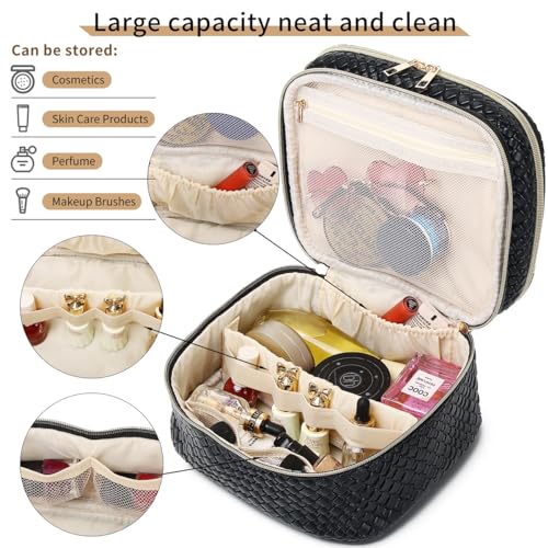 Pinkmik Travel Makeup Bag for Women Double Layer Cosmetic Bag with Jewelry Organizer Large Waterproof Toiletry Bag for Traveling Portable Makeup Storage Box (A/Black)