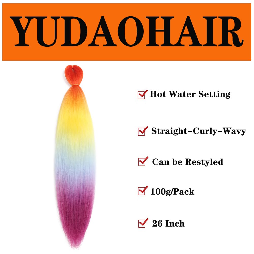 Pre Stretched Braiding Hair 26 Inch Ombre Red Kanekalon Braiding Hair Extensions Hot Water Setting Crochet Box Braids Hair (26 Inch (Pack of 1), Orange-Yellow-Light Blue-Purple)