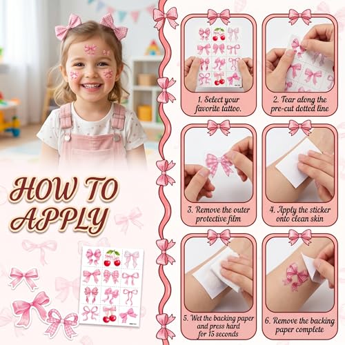 Pink Bow Temporary Tattoos for Kids - 96 PCS Party Favors