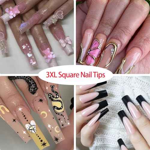 504 Pcs No C Curve Square Nail Tips, XXXL Half Cover Clear Nails Tips for Acrylic Nails, 3XL Straight Tapered Square Flattened Fake Nail Tips for Nail Salons and DIY 12 Sizes