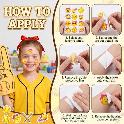 96PCS Softball Temporary Tattoos for Kids - Waterproof Sports Party Favors