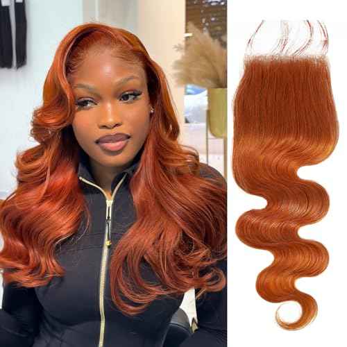 ALHER 350 Ginger Orange Body Wave 4x4 Lace Closure, 12A Copper Orange Colored 4X4 HD Lace Closure Free Part Pre Plucked with Baby Hair, 100% Virgin Remy Human Hair for Black Women 150% Density 14 Inch