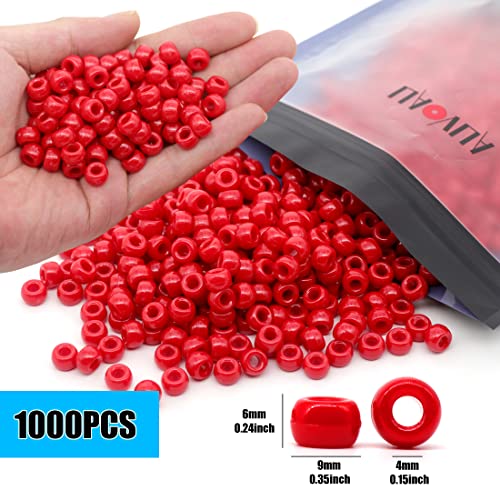 Auvoau 1000Pcs Pony Beads Bracelet 9mm Red Plastic Barrel Pony Beads for Necklace,Hair Beads for Braids for Girls,Key Chain,Jewelry Making (Red)