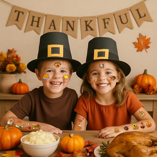 96 Thanksgiving Temporary Tattoos - Food & Pumpkin Design Sheet