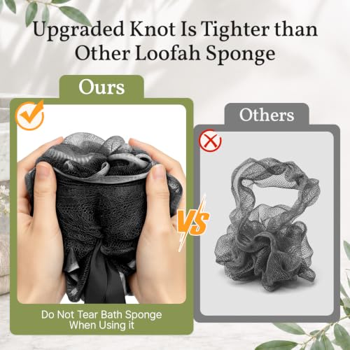 AmazerBath Black Long Wooden Handle Shower Loofah Body Scrubber with Mesh Sponge