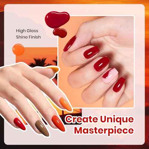 Beetles Orange Gel Nail Polish Set 6 Colors Burgundy Brown Dark Red Yellow Light Orange Fall Gel Polish Kit Soak Off UV LED Hema Free DIY Home Salon Gift for Women Autumn Dusk