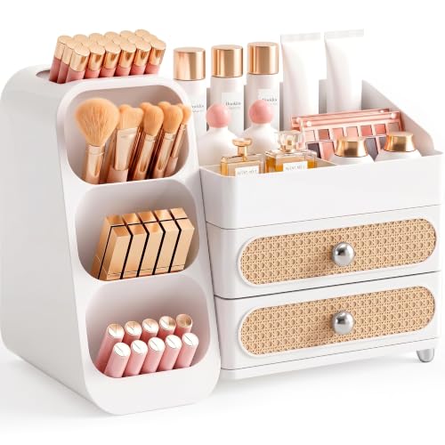 Booklov Large White Makeup Organizer with Drawers & Compartments - Vanity Storage
