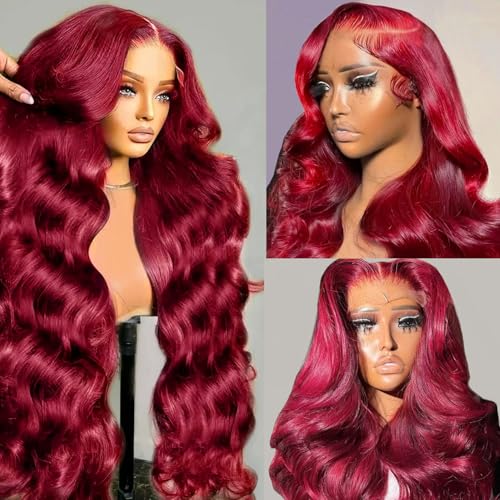 Ubetta 99j Burgundy Lace Front Wigs Human Hair,20 Inch Red Burgundy Wig Glueless 13x6 Body Wave Lace Front Wigs Human Hair Pre Plucked 180 Density 99J Red Burgundy HD Lace Frontal Wig for Black Women