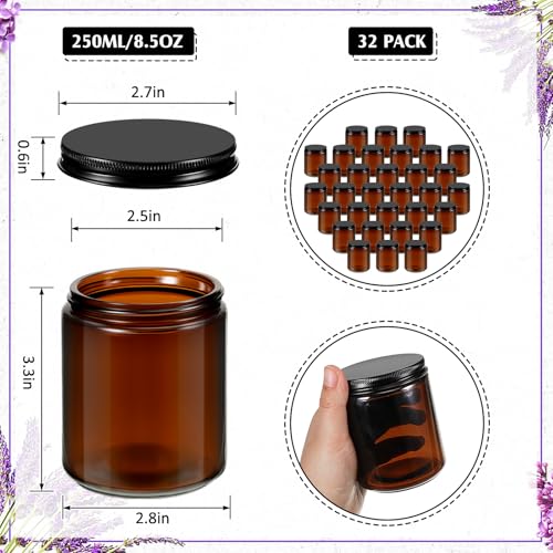 Lallisa 32 Pcs 8 oz Amber Glass Jars with Black Lids Round Glass Cosmetic Jars with Lids Empty Amber Containers Refillable Food Storage Containers for Spice Powder Liquid Sample Makeup
