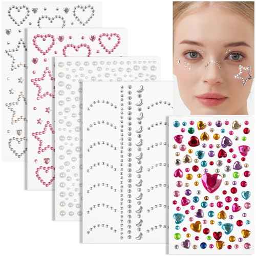Teenitor Self Adhesive Face Gems, Face Gems Rhinestones Pearl Stickers, Hair Accessories for Girls, Rave Accessories for Women, Face Jewels for Face, Eye, Hair, Body