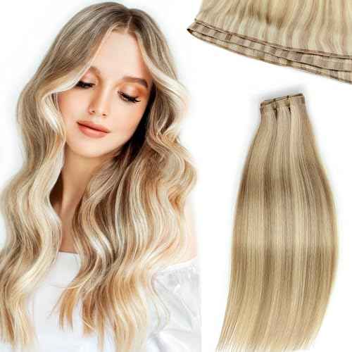 Butterfly Weft Hair Extensions Human Hair-Invisible Double Layered with Hole Hand Tied Genius Weft PU Seamless Micro Beads Real Remy Hair Blonde Highlights 100g #16P22 22 Inch