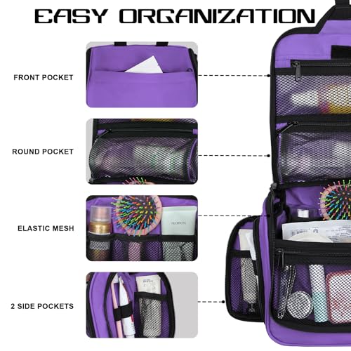 Goloni Hanging Toiletry Bag with Hook, Large Makeup Bag Travel Organizer, Water-Resistant Hanging Cosmetic Bag with 10 Compartments for Women & Men,Purple