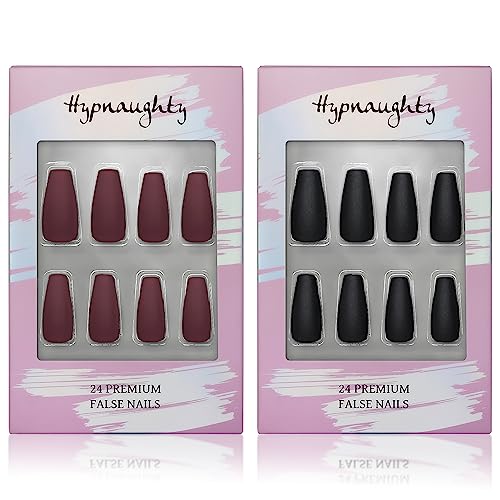 Hypnaughty Press On Nails - Maroon Xtreme & Noir Matte Coffin, Trendy & Salon Quality Reusable Nails With Kit