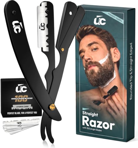 Utopia Care Stainless Steel Straight Razor with 100 Blades, Black Handle, Professional Barber & Grooming Tool