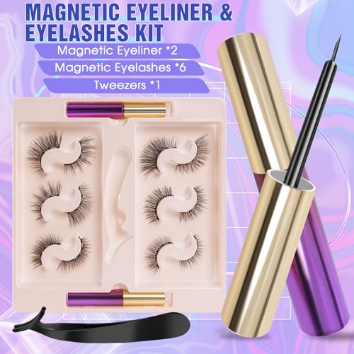 Magnetic Eyelashes Kit - 6 Reusable Pairs with Eyeliner Applicator