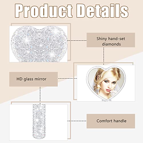 Bucherry 3 Pcs Rhinestone Hand Mirror Heart Shaped Bling Dazzling Hand Held Square Round Shape White Cosmetic Portable Decorative Personal Makeup Mirrors for Women Wedding Gift