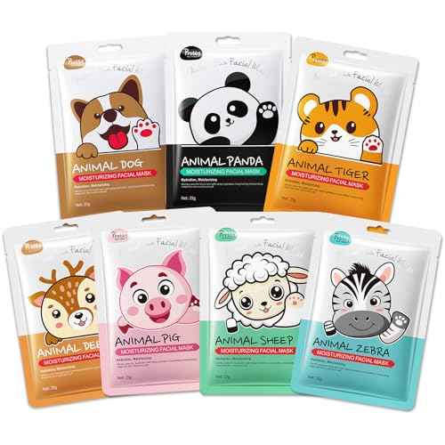 7 Packs Cute Animal Character Design Facial Masks, Deep Hyrating Spa Masks for All Skin Types, Gift for Kids' Birthady Party, Girl's Night, Enjoy Skincare Life