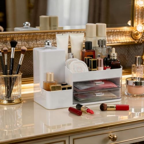 Large Makeup Organizer Countertop with Brush Holder, Make Up Organizer with Drawers, Countertop Makeup Organizers for Vanity, Multi-Functional Makeup Storage Organizer for Skincare, White