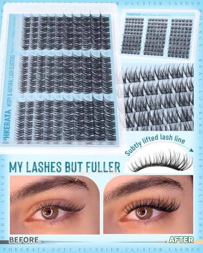 PHKERATA Wispy Lash Clusters Natural Eyelash Extensions C Curl (10-16mm, 36/54 Pcs)