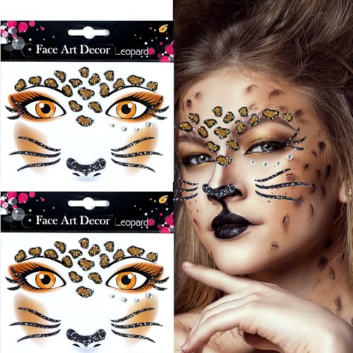 Leopard Face Temporary Tattoos - 2 Sheets with Gems