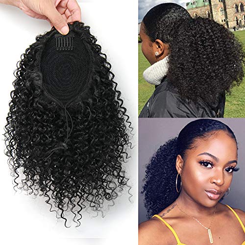 Short Afro Kinky Curly Ponytail Hair Piece for African American Ponytail Extension Synthetic Afro Kinky Curly Ponytail for Women (Black(1B#))