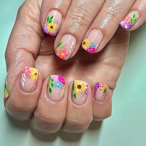 Short Square Press On Nails 24Pc with Flower Dots & French Tip