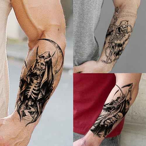 61 Sheets Halloween Temporary Tattoos for Men Women Adults, 12 Sheets Skeleton Death Skull Demon Devil Half Arm Sleeve Fake Tattoo Stickers, 49 Sheets Spider Web Bat Snake Vampire Scar Face Tattoos