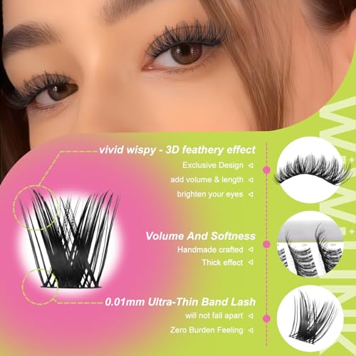 Lash Clusters Mink DIY Lash Extension 8-16mm Thick Volume Eyelash Clusters D Curl Individual Eye Lashes Wispy False Eyelashes Fluffier Cluster Eyelash Extensions Thin Band for Salon, G04