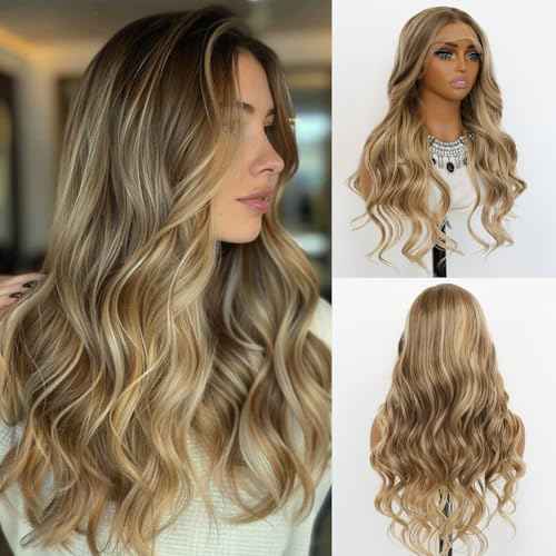 Ombre Blonde Wavy 13¡¿4 Lace Front Wigs Mixed Brown and Blonde Color Ombre Lace Front Synthetic Wig Heat-resistant Fibre Wig For Daily party Use£¨24Inch£©