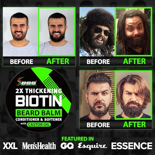 Biotin Beard Balm for Men - 2X Thickening for Beard and Mustache - Organic Mustache Wax with Castor Oil & Meadowfoam ? Hydrating Facial Hair Growth Balm & Leave-In Conditioner
