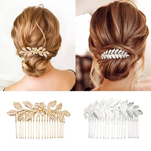 6 Pcs Leaf Hair Side Combs Gold & Silver Rhinestone Clips