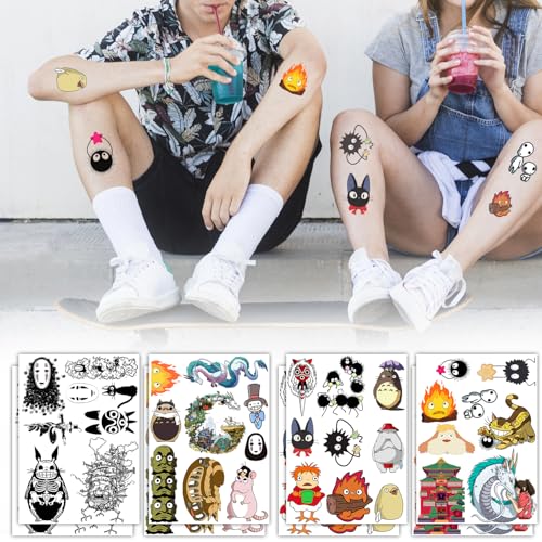 Pounchi Japanese Anime Temporary Tattoos, 8 Sheets, Waterproof