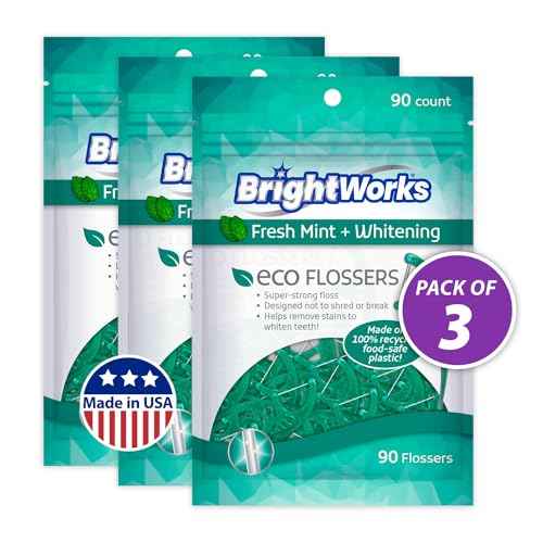 Brightworks ECO Sustainable Floss Picks - 270 Count - PFAS Free - Made in USA100% Post-Consumer Recycled Plastic, Super Strong Mint-Flavored Floss with Micro-Crystals