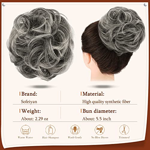 SOFEIYAN Claw Clip Messy Bun Wavy Curly Hair Piece Chignon Ponytail Hairpieces Synthetic Tousled Updo Hair Extensions Scrunchie Hairpiece for Women, Gray and White Tips