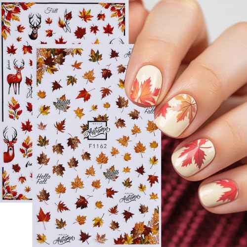 Fall Nail Art Stickers Autumn Maple Leaf Nail Decals 6PCS Autumn Leaves Deer Design 3D Self-Adhesive Nail Art Decorations Supplies Fall Stickers for Nails Women Thanksgiving Day DIY Manicure Decor