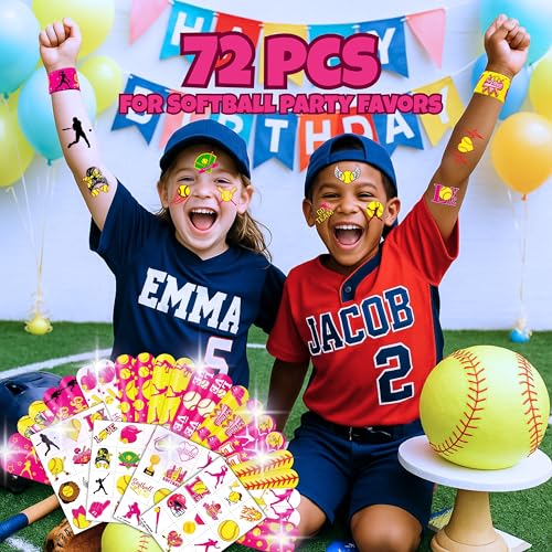 Softball Party Favors Set - 48 Tattoos & 24 Slap Bracelets