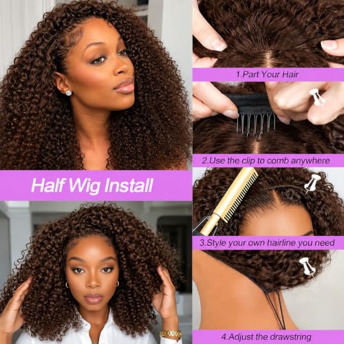 Chocolate Brown Kinky Curly Half Wig - 200% Density, 14 Inch