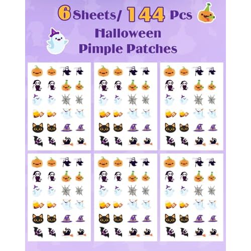 Halloween Acne Pimple Patches Cute - 144 Count Hydrocolloid Pimple Patches for Face, Spot Treatment Stickers w/Salicylic Acid & Tea Tree Oil for Zits and Blemishes, 2 Sizes & 12 Patterns
