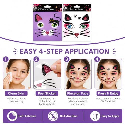 Cat Glitter Face Tattoo Stickers - Halloween Makeup (2 Sheets)