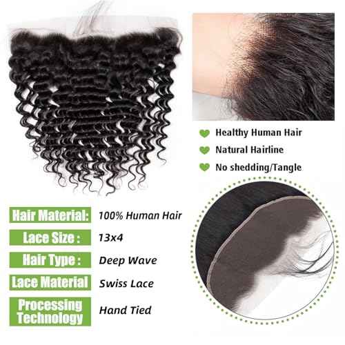 13x4 Lace Frontal Closure Ear to Ear Full Lace Frontal Closure Brazilian Deep Wave Human Hair Frontal Free Part Pre Plucked With Baby Hair 150 Density Natural Black 16 Inch