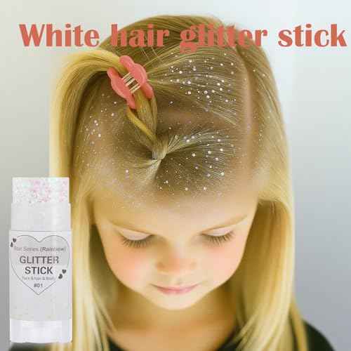 Rainbow White Hair Glitter Stick,Mermaid Fairy Costume Body Face Glitter, Singer Concert Halloween Star Glitter Makeup for Kids and Women,Waterproof Sequins Rave Accessories White Face Paint